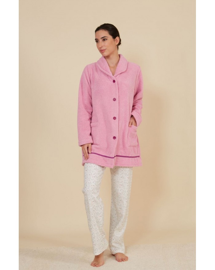 Women's terry dressing gown with buttons and ribbon 